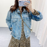 Pearl Jean Jacket Spring Coat Women's Nail Pearl Style Loose Washed-out Jacket Top
