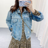 Pearl Jean Jacket Spring Nail Pearl BF Style Loose Washed-out Jacket Top