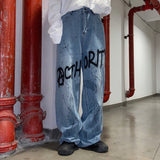 Alphabet Graffiti Print Jeans Men's plus Size Retro Sports Trousers Loose Men Denim Pants