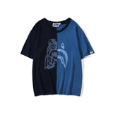 A Ape Print T Shirt Tiger Head Shark Head Stitching Denim Color Short Sleeve T-shirt