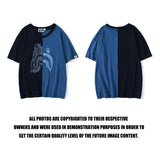 A Ape Print T Shirt Tiger Head Shark Head Stitching Denim Color Short Sleeve T-shirt