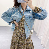 Pearl Jean Jacket Spring Coat Women's Nail Pearl Style Loose Washed-out Jacket Top