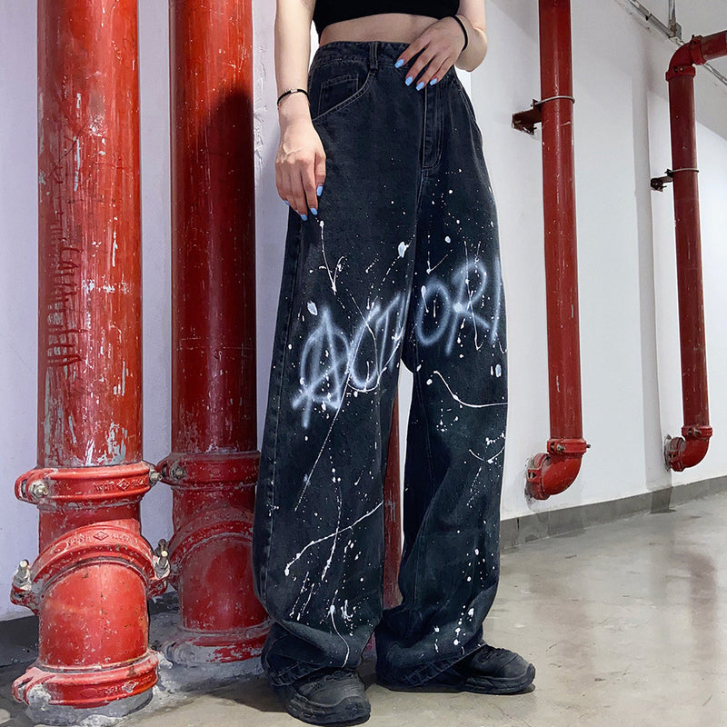 Alphabet Graffiti Print Jeans Men's plus Size Retro Sports Trousers Loose Men Denim Pants