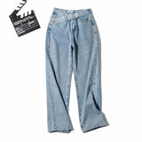 100 Cotton Jeans Women's Autumn Oblique Belt Loose High Waist Wide Leg Straight Cow Pants Women's Trousers