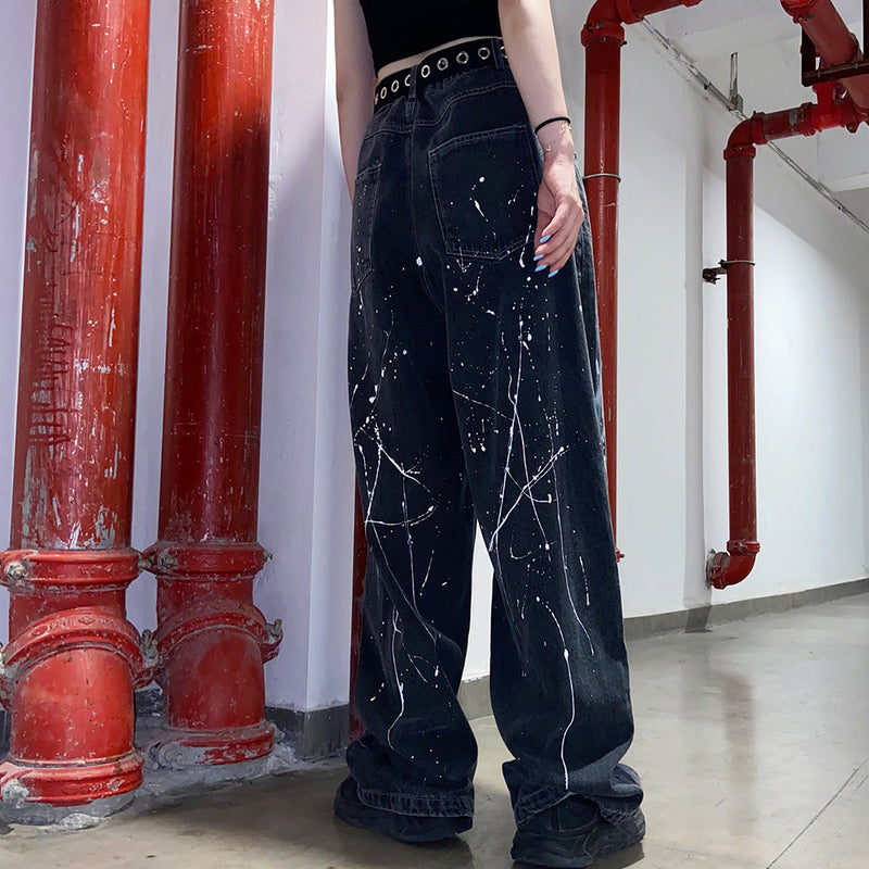 Alphabet Graffiti Print Jeans Men's plus Size Retro Sports Trousers Loose Men Denim Pants