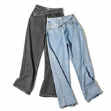 100 Cotton Jeans Women's Autumn Oblique Belt Loose High Waist Wide Leg Straight Cow Pants Women's Trousers