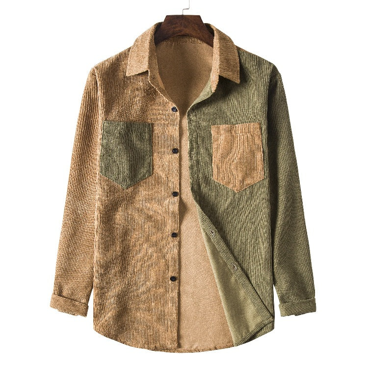 Men's Corduroy Color Matching Long-Sleeved Thickened plus Size Retro Sports Youth Fashion Trends Casual Men Shirt