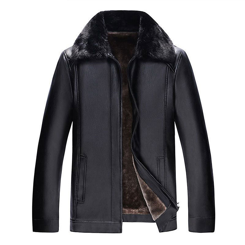 Leather Coat Men's Middle-Aged and Elderly Leather Men's Leather Trench Coat and Overcoat Middle-Aged Men's Motorcycle round Neck Men Pu Jacket