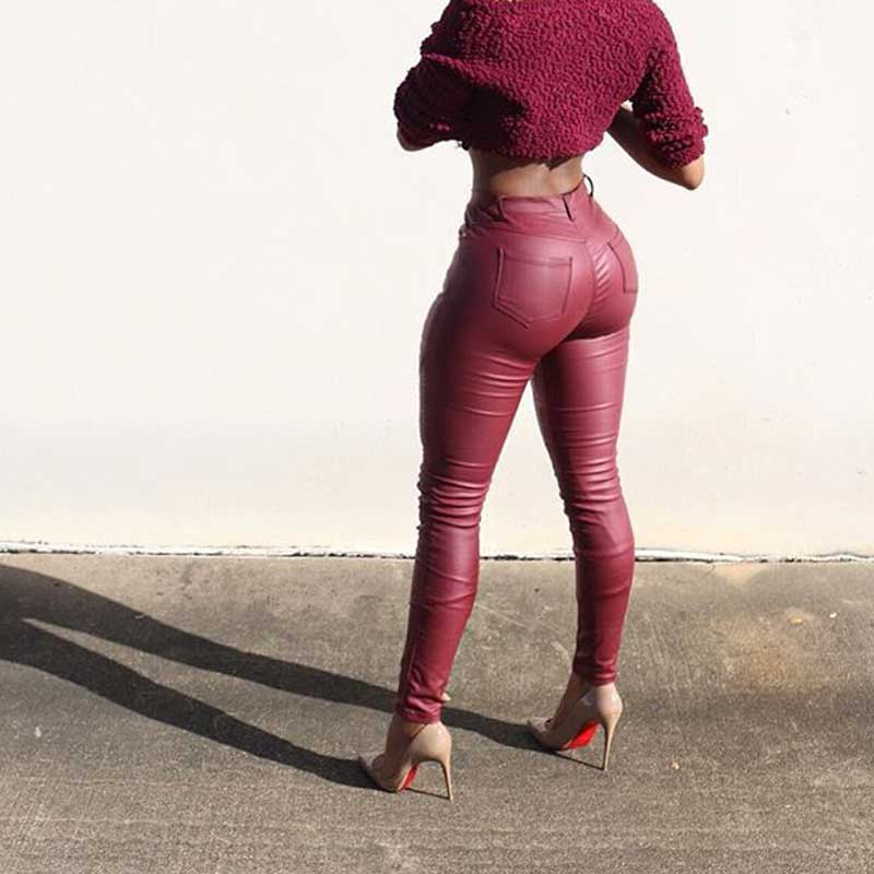Faux Leather Pants Autumn And Winter Women 'S Street Pleated Leather Pants Tight Stretch Feet Pants