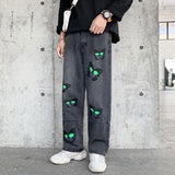 Butterfly Printed Jeans Men's Large Size Retro Sports Trousers Loose Straight Trousers Men Denim Pants