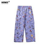 Men's Cartoon Flower Print Multi-Pocket Cargo Pants Men's plus Size Retro Sports Loose Hip Hop Drawstring Jogger Pants Men Pants