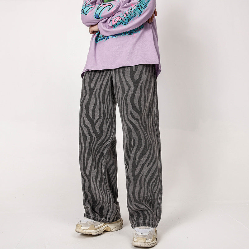Zebra Print Full Printed Jeans Men's plus Size Retro Sports Trousers Baggy Straight Trousers Men Denim Pants