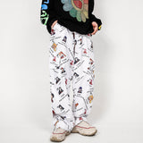 Men's Cartoon Flower Print Multi-Pocket Cargo Pants Men's plus Size Retro Sports Loose Hip Hop Drawstring Jogger Pants Men Pants