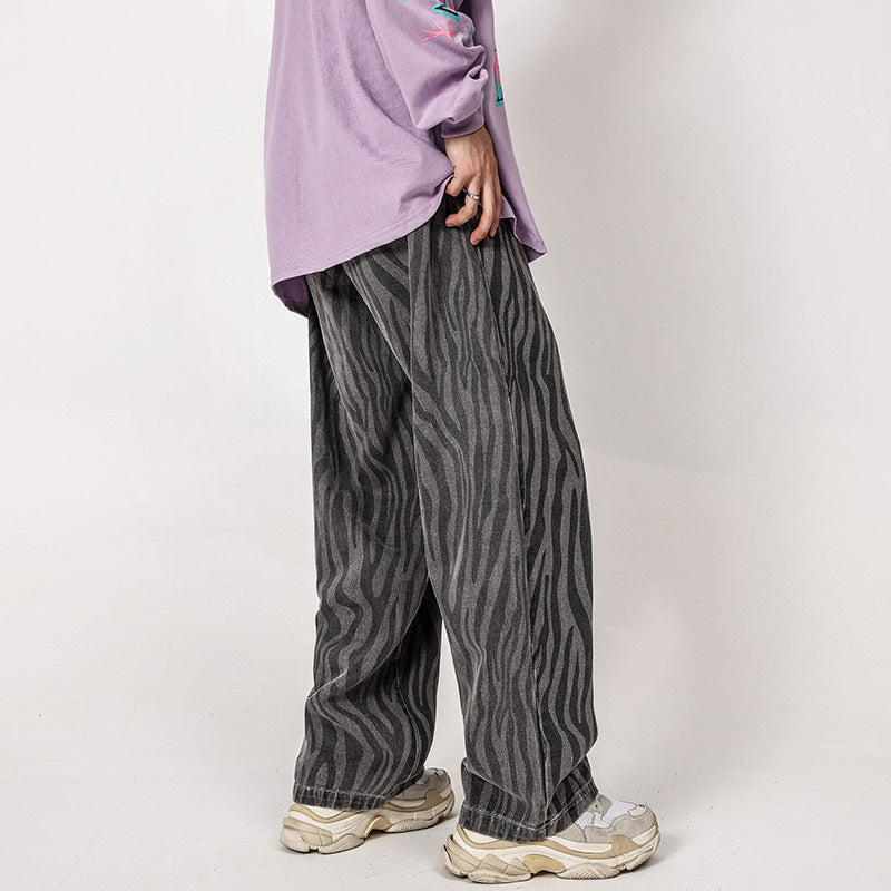 Zebra Print Full Printed Jeans Men's plus Size Retro Sports Trousers Baggy Straight Trousers Men Denim Pants