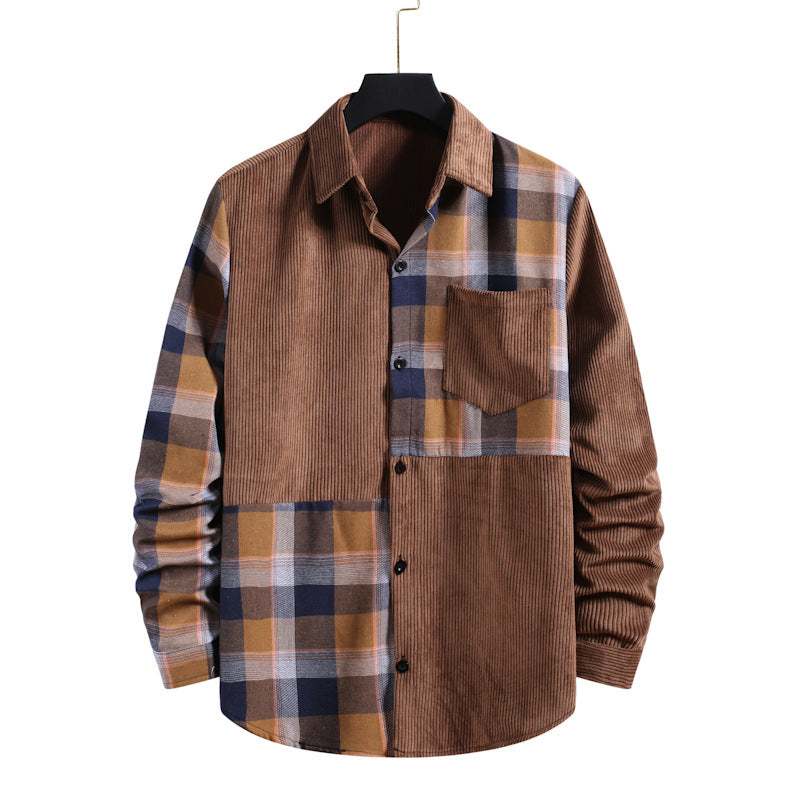 Men's Corduroy Stitching Long Sleeve Retro Sports Large Size Fashion Trend Casual Men Shirt