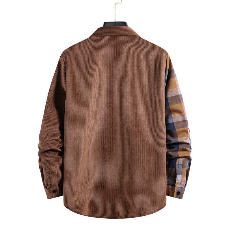 Men's Corduroy Stitching Long Sleeve Retro Sports Large Size Fashion Trend Casual Men Shirt