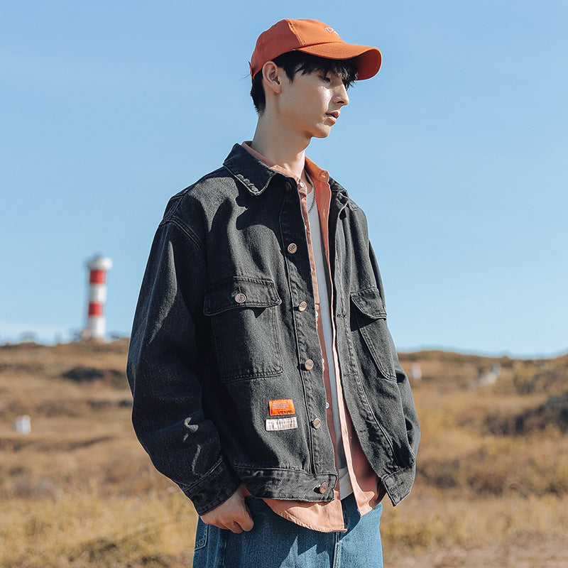 Men's Spring Color Block Denim Coat Men's Printed Jacket Top Large Size Loose Men Denim Jacket