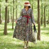 Russian Style Dress Fall Vintage Print Lace-up Dress