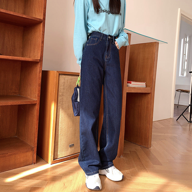 100 Cotton Jeans Women Dark Blue Wide Leg Jeans Women Straight Drooping Mop Pants
