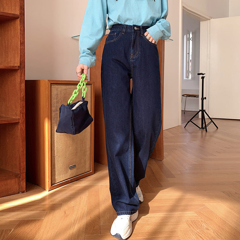 100 Cotton Jeans Women Dark Blue Wide Leg Jeans Women Straight Drooping Mop Pants