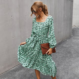 Red Peasant Dress Autumn and Winter Classic Printing Elegant Square Collar Dress Women