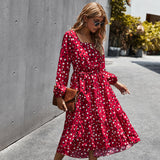 Red Peasant Dress Autumn and Winter Classic Printing Elegant Square Collar Dress Women