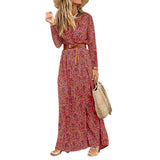 Red Peasant Dress Autumn and Winter Long Sleeve V-neck Bohemian Floral Dress for Women