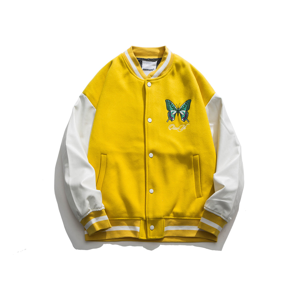 Varsity Jacket for Men Baseball Jackets Men's Coat Autumn Butterfly Embroidery Contrast Color Leather Sleeve Stand Collar Jacket Tide