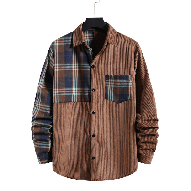 Men's Loose Corduroy Stitching Long Sleeve plus Size Fashion Casual Large Retro Sports Long Men Shirt