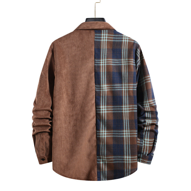Men's Loose Corduroy Stitching Long Sleeve plus Size Fashion Casual Large Retro Sports Long Men Shirt