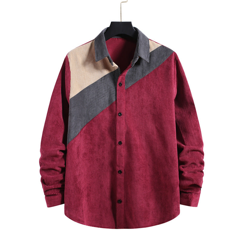 Men's Loose Corduroy Stitching Long Sleeve Retro Sports plus Size Fashion Casual Men Shirt