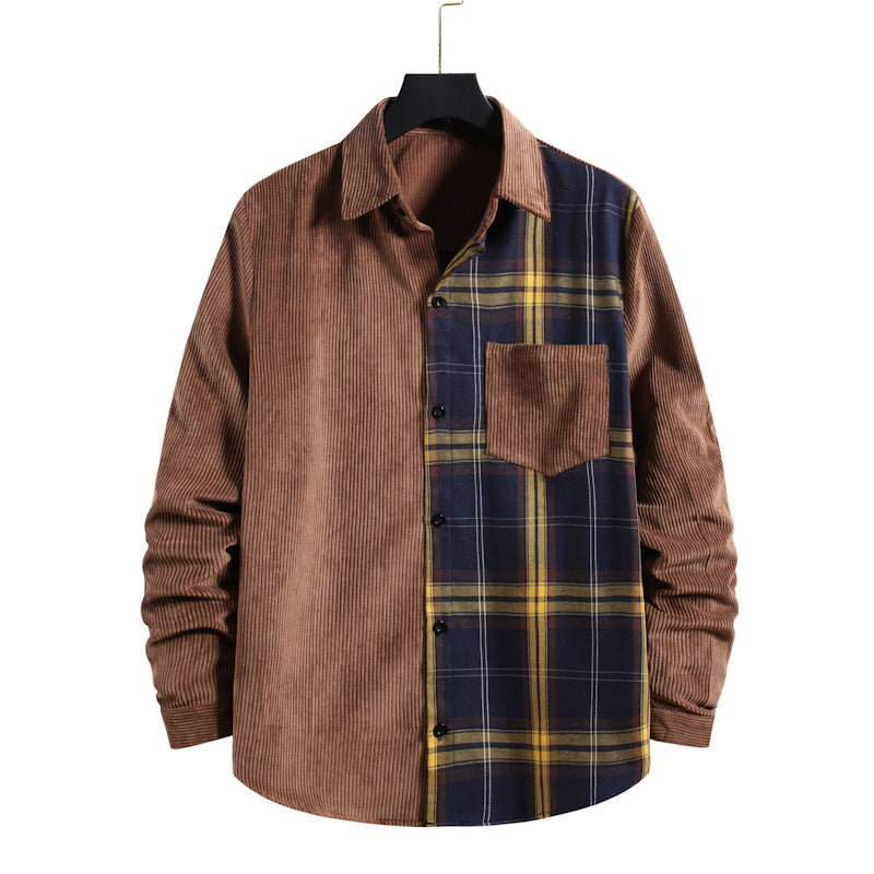 Men's Loose Corduroy Stitching Retro Sports Long Sleeve plus Size Fashion Casual Men Shirt