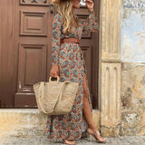 Red Peasant Dress Autumn and Winter Long Sleeve V-neck Bohemian Floral Dress for Women