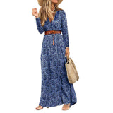 Red Peasant Dress Autumn and Winter Long Sleeve V-neck Bohemian Floral Dress for Women