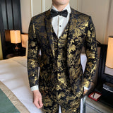 Men Dress Coat Fall Bronzing Printed Host's Dress Slim Fit Fashion Trendy Three-Piece Set