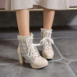 Coachella Cowboy Boots Autumn and Winter Stitching Lace Sweet Chunky Heel Martin Boots