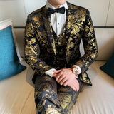 Men Dress Coat Fall Bronzing Printed Host's Dress Slim Fit Fashion Trendy Three-Piece Set