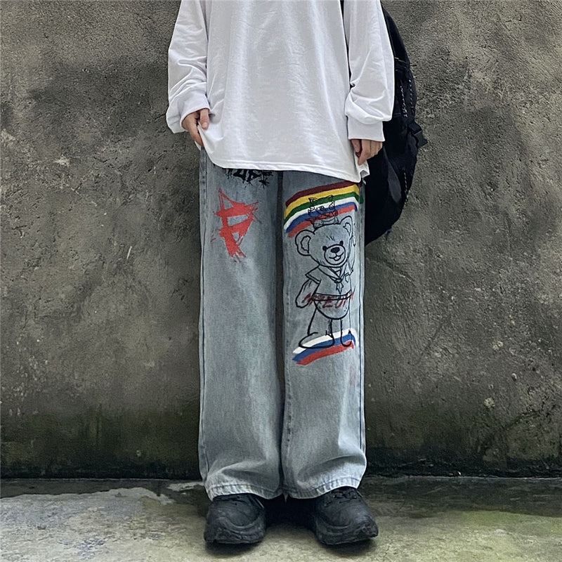 Rainbow Printing Jeans Men's plus Size Retro Sports Trousers Straight Pants Trousers Men's Men Denim Pants