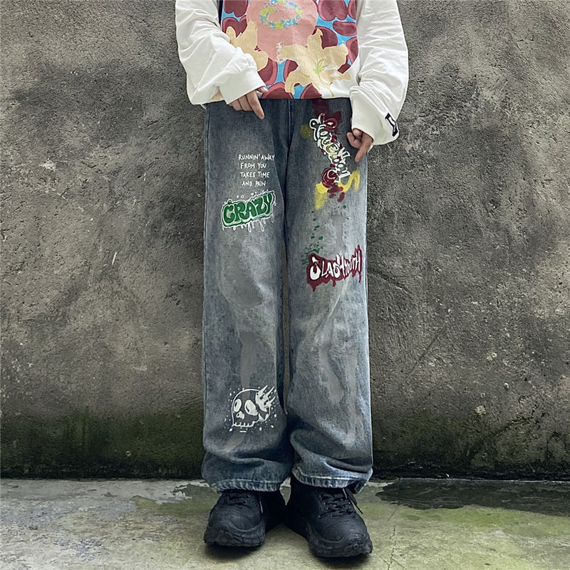 Printed Jeans Men's plus Size Retro Sports Trousers Men's Men Denim Pants