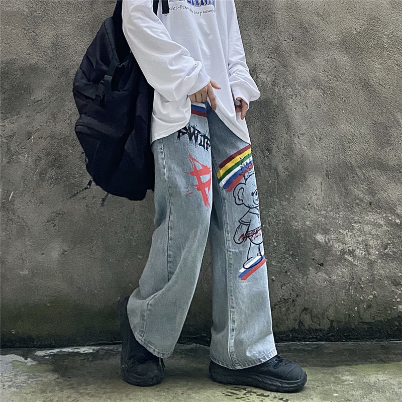 Rainbow Printing Jeans Men's plus Size Retro Sports Trousers Straight Pants Trousers Men's Men Denim Pants