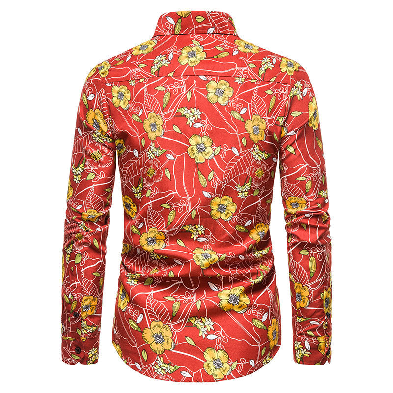 Men's Slim Printed Long Sleeve Youth Fashion Trends Casual Retro Sports Men Shirt