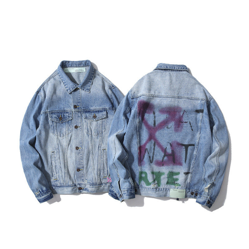 Arrow Denim Jacket Jean Coat Ow Graffiti Rendering Arrow Distressed Locomotive Men And Women Denim Jacket Coat Owt