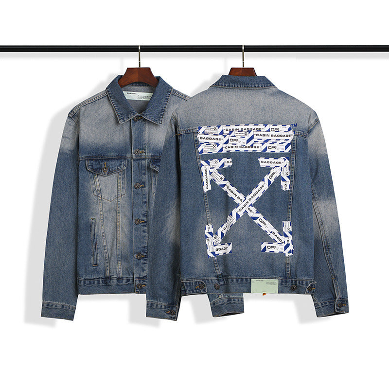 Arrow Denim Jacket Jean Coat Letter Arrow Washed Distressed Jacket Ow Men'S And Women'S Denim Jacket Owt