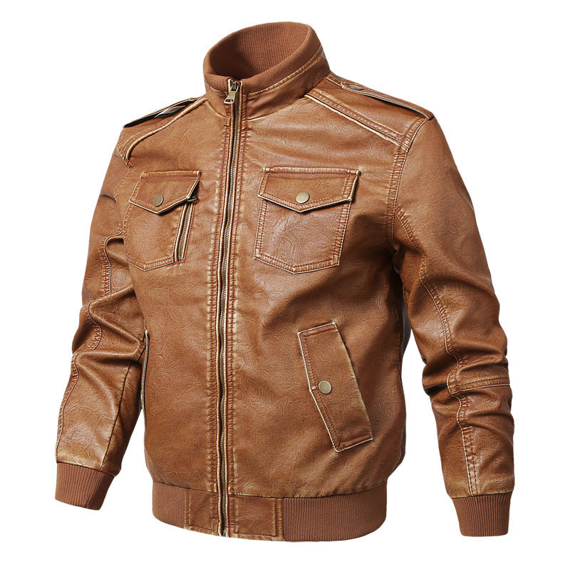 Men's Casual PU Leather Retro plus Size Stand Collar Leather Solid Color Baggy Coat Men's Pu Jacket