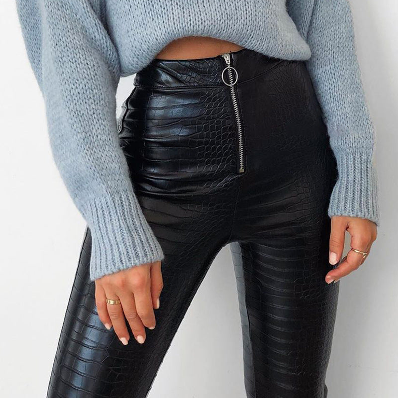 Faux Leather Pants High Waist Casual Crocodile Pattern Leather Pants Female Fall/Winter Slim Pu Skinny Pants