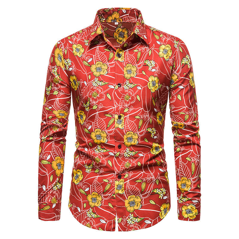 Men's Slim Printed Long Sleeve Youth Fashion Trends Casual Retro Sports Men Shirt