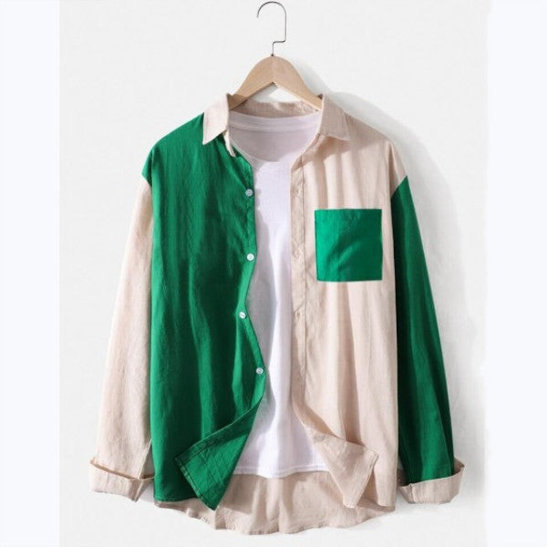 Men's Contrast Color Fit Long Sleeve Youth Fashion Trends Casual Retro Sports Men Shirt