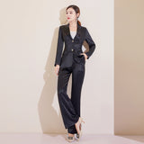 Women Pants Suit Uniform Designs Formal Style Office Lady Bussiness Attire Slim Black Blazer Wide Leg Pants Two-Piece Suit