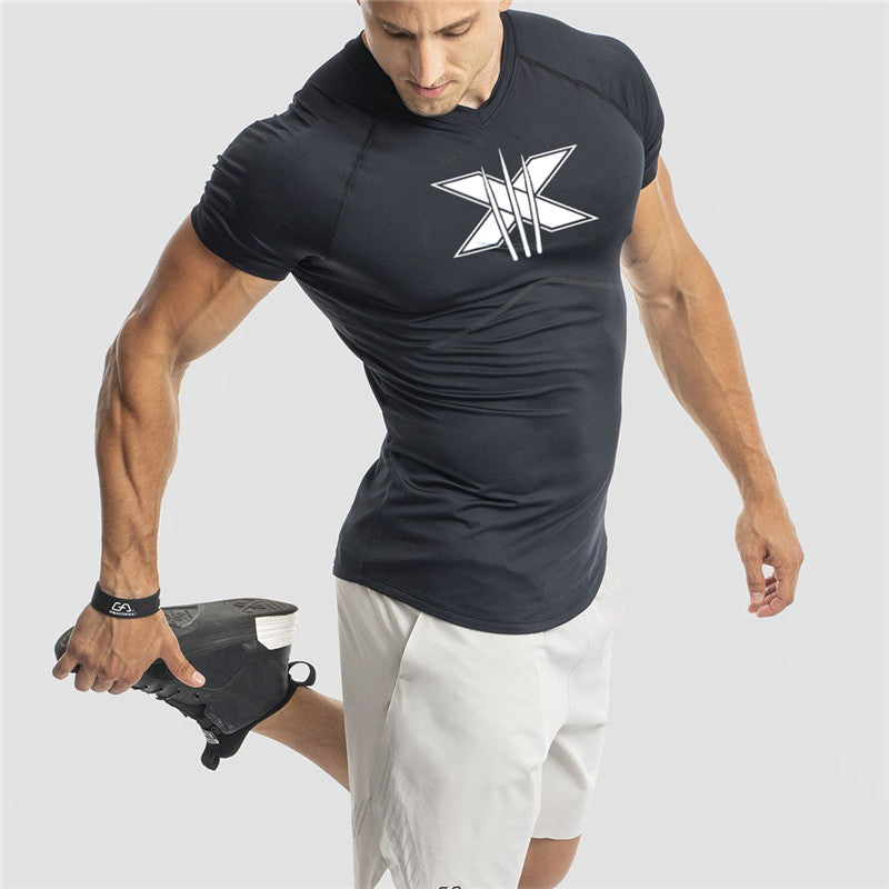 Slim Fit Muscle Gym Men T Shirt Men Rugged Style Workout Tee Tops Fitness Men's Short Sleeve Male Skinny V-neck Fashion Sportswear Men's Top