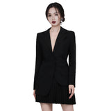 Women Skirt & Blazer Suit Uniform Designs Formal Style Office Lady Bussiness Attire V-neck Irregular Suit Jacket Pleated Skirt